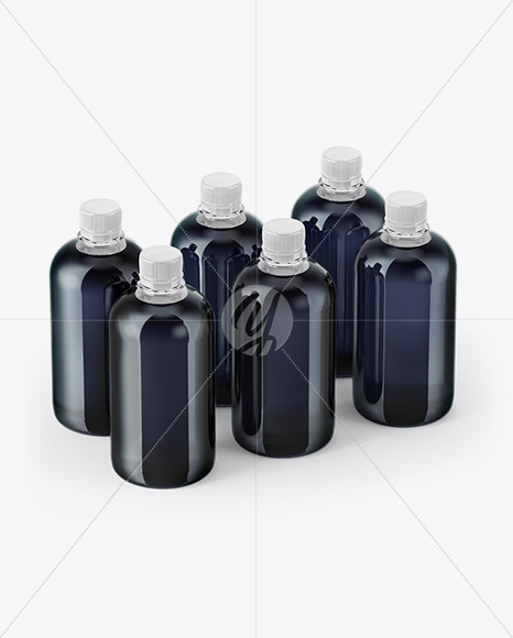 Bottles with Dark Drink in Shrink Sleeves Mockup - Half Side View (High-Angle Shot)