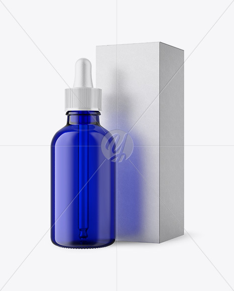 50ml Blue Glass Dropper Bottle W/ Kraft Box Mockup