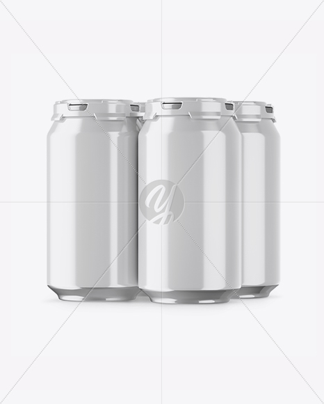 Pack with 4 Glossy Aluminium Cans with Plastic Holder Mockup - Half Side View