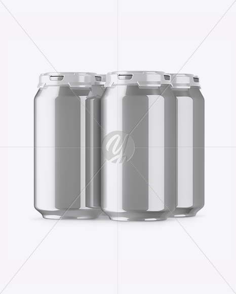 Pack with 4 Metallic Aluminium Cans with Plastic Holder Mockup - Half Side View