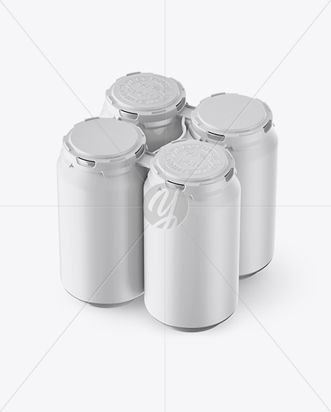 Pack with 4 Matte Aluminium Cans with Plastic Holder Mockup - Half Side View (High-Angle Shot)