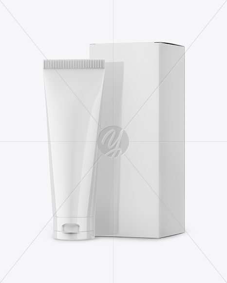 Glossy Plastic Tube With Glossy Box Mockup - Halfside View