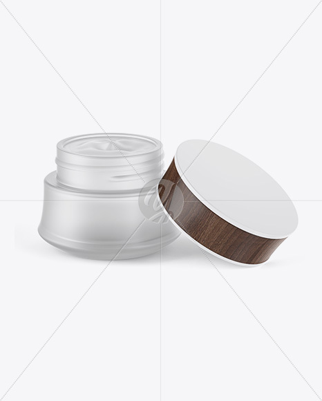 Opened Frosted Glass Cosmetic Jar W/ Wooden Cap Mockup