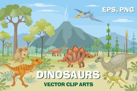 Dinosaurs. Vector clip arts. - Volcano