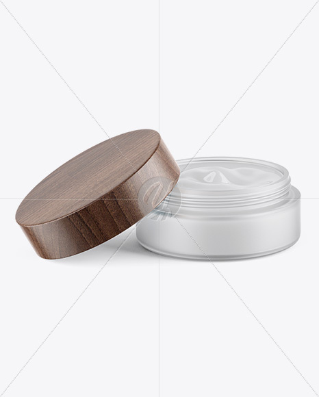 Opened Frosted Glass Jar W/ Wooden Lid Mockup