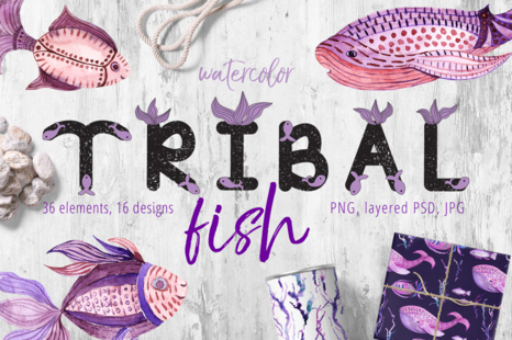 Tribal Fish - watercolor set - Ocean