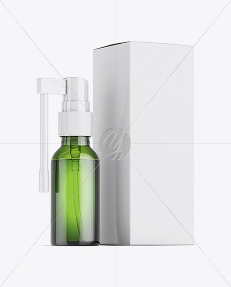 Green Spray Bottle W/ Glossy Paper Box Mockup