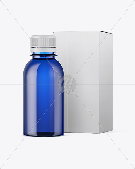 Blue Plastic Bottle W/ Paper Box Mockup