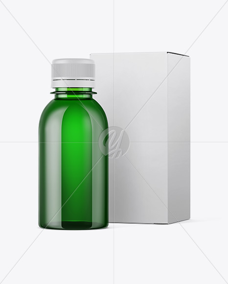 Green Plastic Bottle W/ Paper Box Mockup