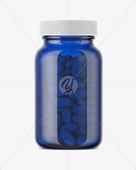 Blue Glass Bottle With Pills Mockup