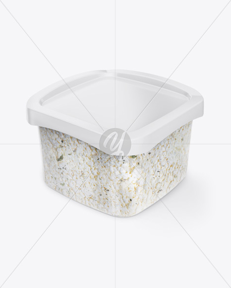 Transparent Container with Feta Cheese Mockup - Half Side View (High-Angle Shot)