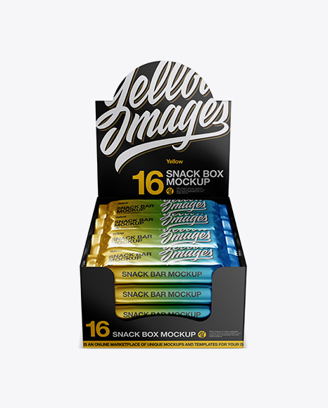 16 Snack Bars Metallic Display Box Mockup - Front View (High-Angle Shot)