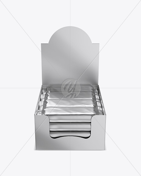 16 Snack Bars Metallic Display Box Mockup - Front View (High-Angle Shot)