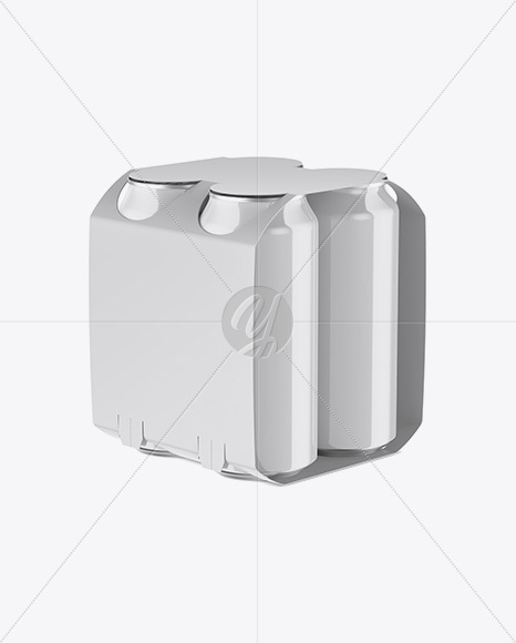 Carton Carrier W/ 4 Glossy Cans Mockup - Half Side View (High-Angle Shot)