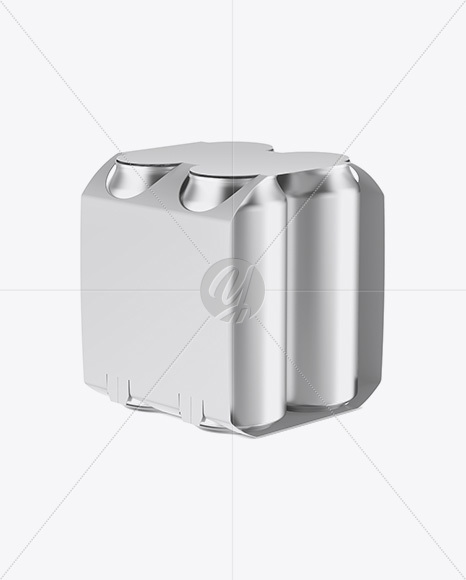 Carton Carrier W/ 4 Metallic Cans Mockup - Half Side View (High-Angle Shot)