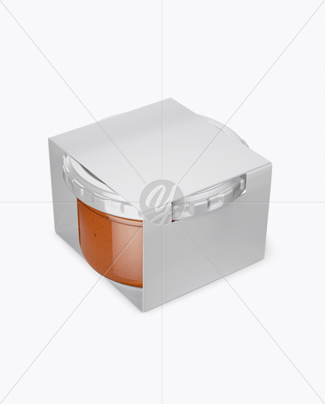 Clear Glass Sauce Jar in Paperboard Sleeve Mockup - Half Side View (High-Angle Shot)