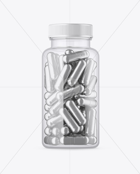 Clear Plastic Bottle With Metallic Pills Mockup