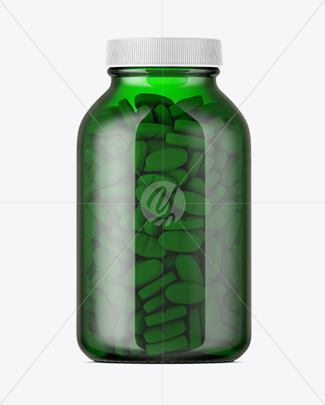 Green Glass Bottle With Pills Mockup