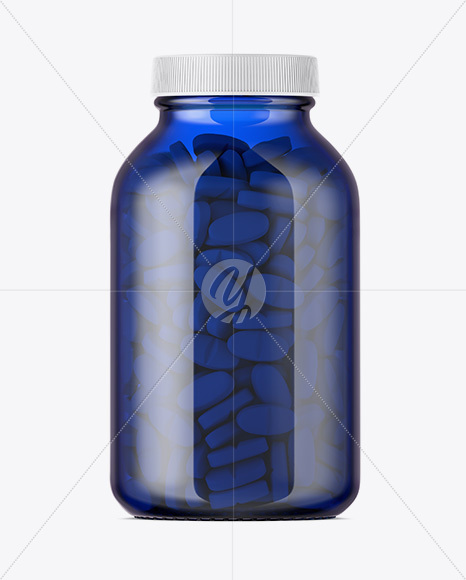 Blue Glass Bottle With Pills Mockup