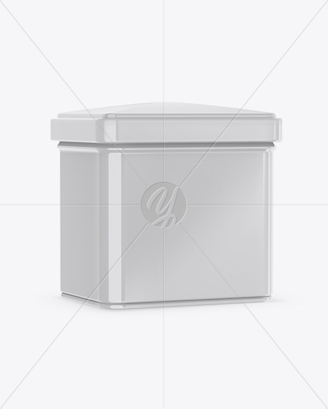 Glossy Square Tin Box Mockup - Half Side View