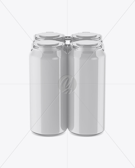 Pack with 4 Glossy Cans with Plastic Holder Mockup - Front View (High-Angle Shot)