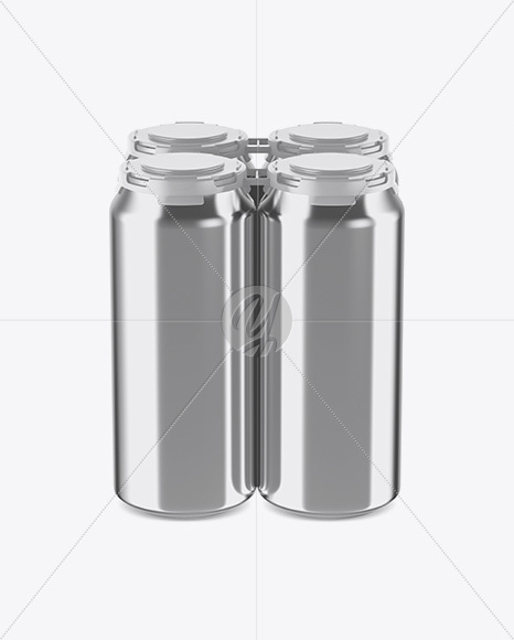 Pack with 4 Metallic Cans with Plastic Holder Mockup - Front View (High-Angle Shot)