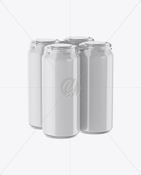 Pack with 4 Glossy Cans with Plastic Holder Mockup - Half Side View (High-Angle Shot)