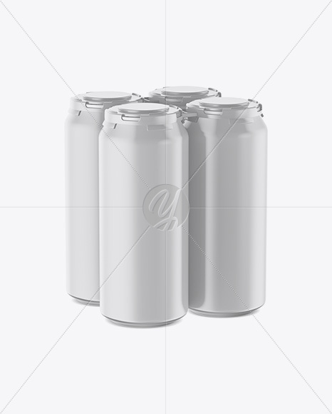 Pack with 4 Matte Cans with Plastic Holder Mockup - Half Side View (High-Angle Shot)