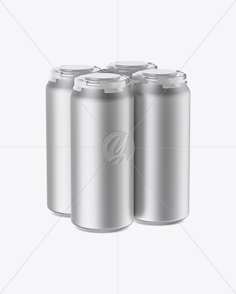 Pack with 4 Matte Metallic Cans with Plastic Holder Mockup - Half Side View (High-Angle Shot)