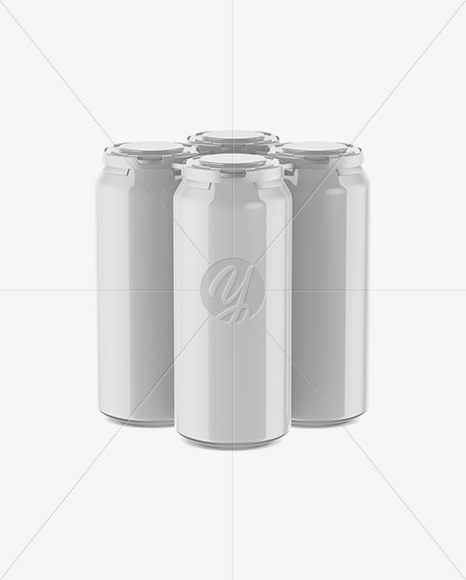 Pack with 4 Glossy Cans with Plastic Holder Mockup - Half Side View (High-Angle Shot)