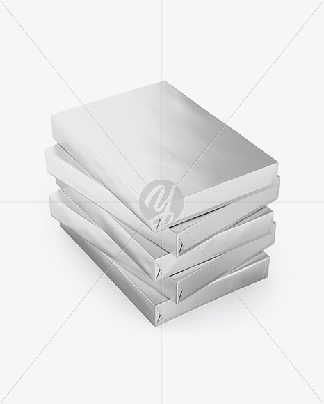 5 Metallic A4 Size Paper Sheet Packs Mockup - Half Side View