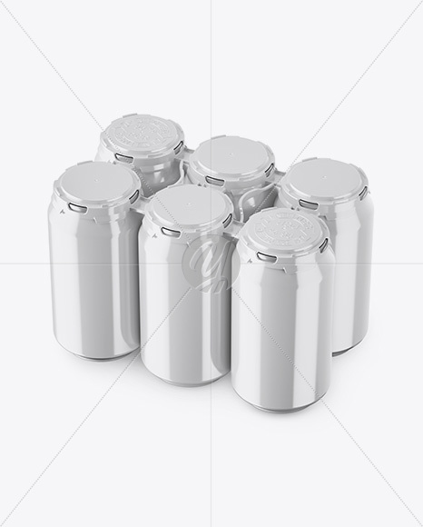 Pack with 6 Glossy Aluminium Cans with Plastic Holder Mockup