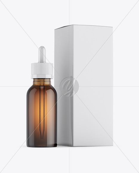 Amber Glass Dropper Bottle W/ Glossy Paper Box Mockup