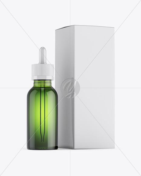 Green Glass Dropper Bottle W/ Glossy Paper Box Mockup