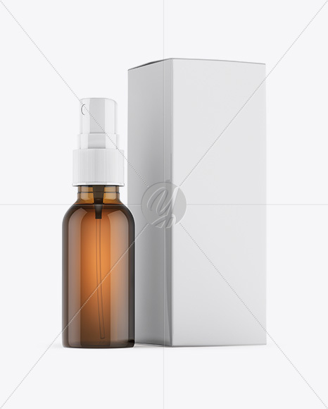 Amber Spray Bottle W/ Glossy Paper Box Mockup