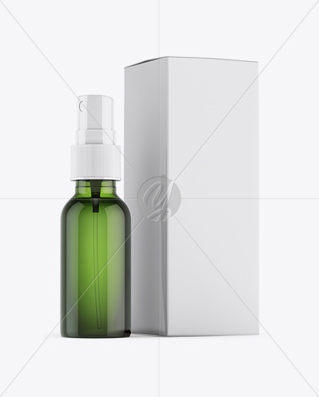 Green Spray Bottle W/ Glossy Paper Box Mockup