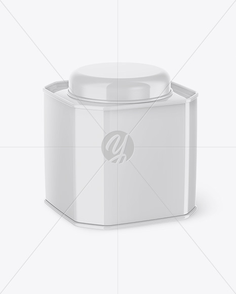 Glossy Octagonal Tin Box Mockup - Half Side View (High-Angle Shot)