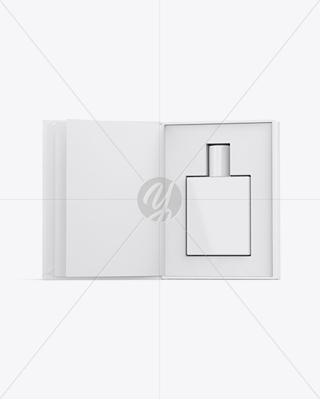 Glossy Gift Box With Perfume Bottle Mockup - Front View