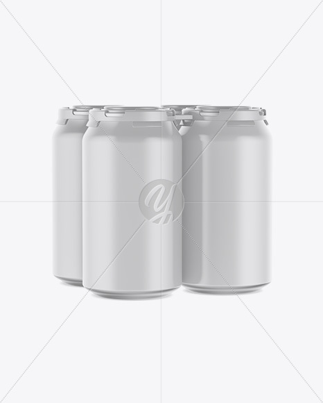 Pack with 4 Matte Cans with Plastic Holder Mockup - Half-Side View