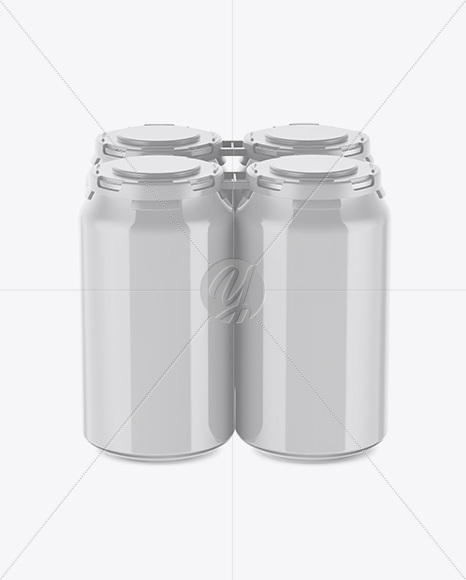 Pack of 4 Glossy Cans with Plastic Holder Mockup - Front View (High Angle Shot)