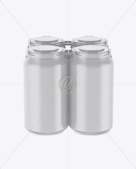 Pack of 4 Matte Cans with Plastic Holder Mockup - Front View (High Angle Shot)