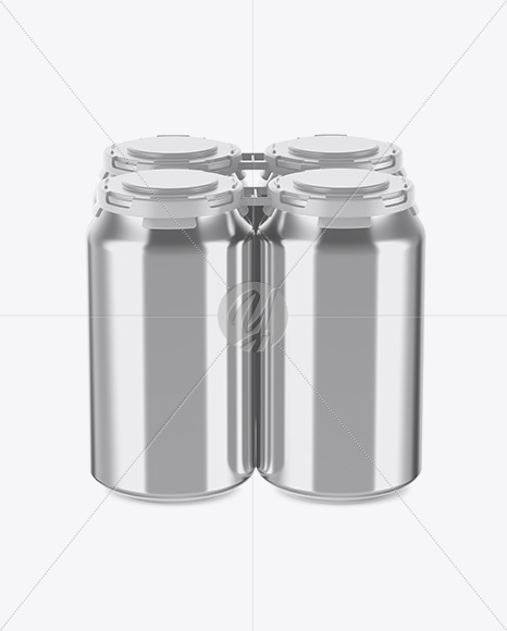 Pack of 4 Metallic Cans with Plastic Holder Mockup - Front View (High Angle Shot)