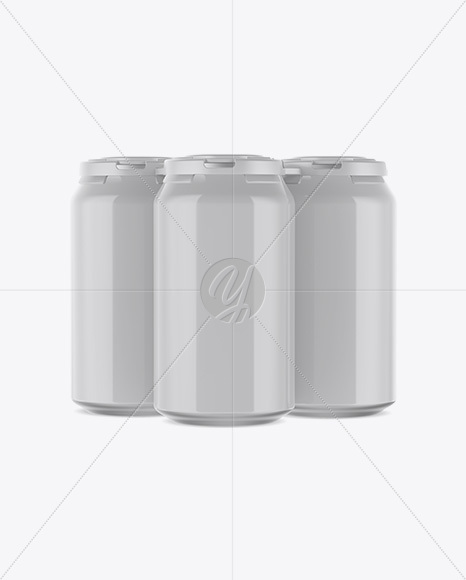 Pack of 3 Glossy Cans with Plastic Holder Mockup - Front View