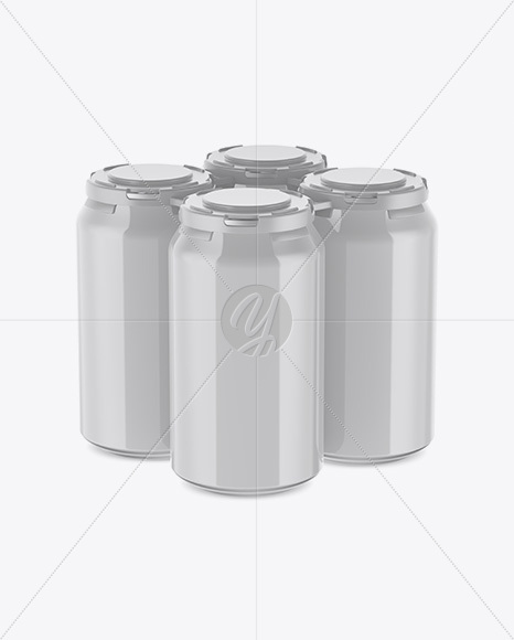 Pack of 4 Glossy Cans with Plastic Holder Mockup - Half Side View