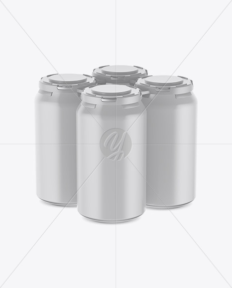 Pack of 4 Matte Cans with Plastic Holder Mockup - Half Side View