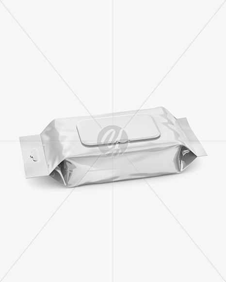 Glossy Wet Wipes Pack W/ Plastic Cap Mockup - Half SIde View (High Angle Shot)