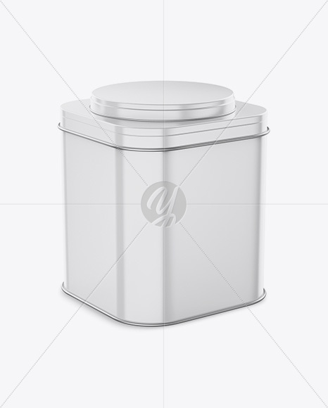 Glossy Square Tin Box Mockup - Half Side View (High-Angle Shot)