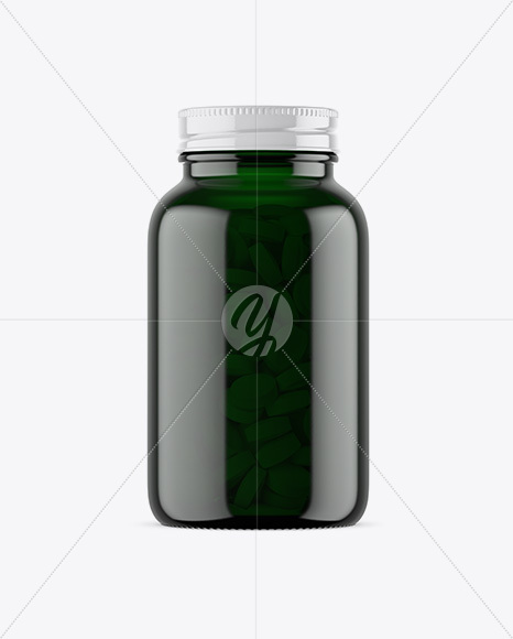 Dark Green Glass Bottle With Pills Mockup