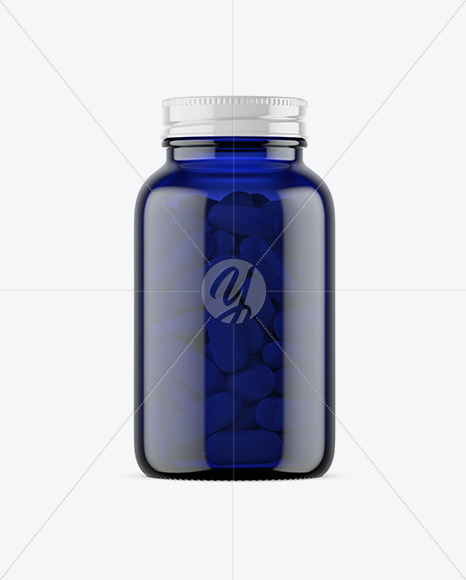 Dark Blue Glass Bottle With Pills Mockup