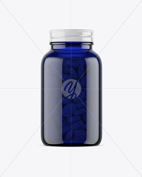 Dark Blue Glass Bottle With Pills Mockup